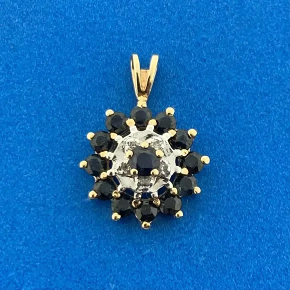Vintage 14K Yellow White Gold Blue Sapphire Diamond Accent Anniversary Pendant